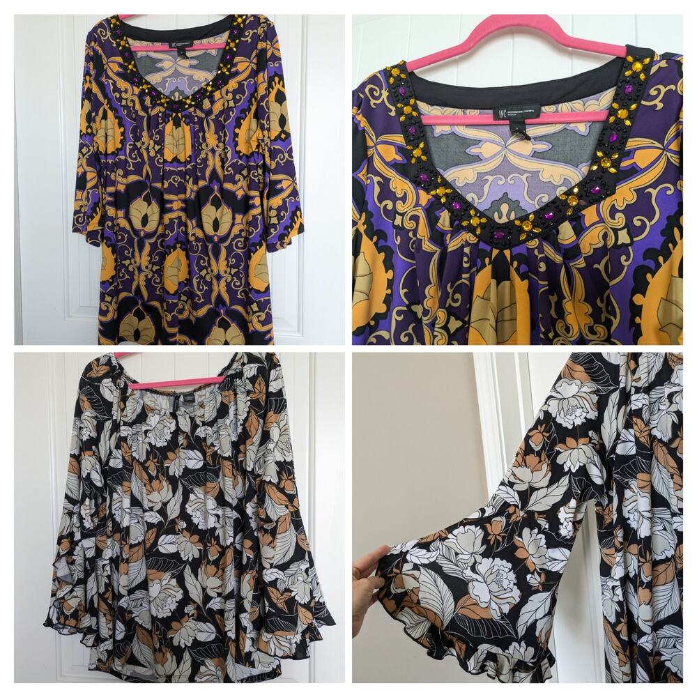 Lot of 2 Plus Tops Womens 2x Floral Rhinestone Flare Kimono Sleeve Mature Boho